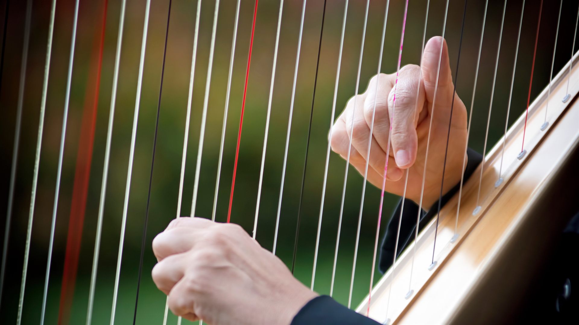 Hands gently playing harp strings